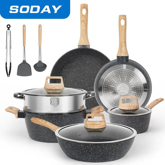 "12-Piece Non-Stick Cookware Set with Granite Finish and Silicone Utensils - Black"