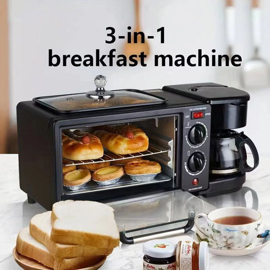 "Versatile 3-In-1 Breakfast Maker - Coffee Maker, Griddle, and Toaster Oven Combo - Timer and Non-Stick Surface - Black"